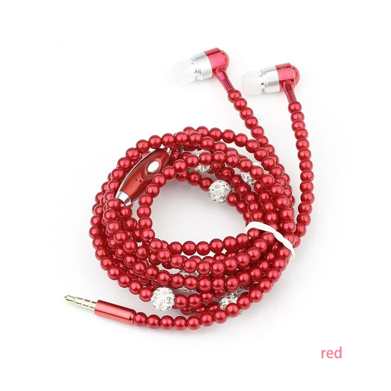 Ювелирные изделия жемчужные наушники-ожерелье с затычки в уши для микрофона для Iphone Xiaomi день рождения подарок розовая девушка горный хрусталь 8 цветов - Цвет: Красный