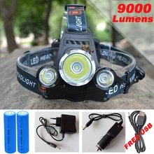 9000Lm CREE XML T6+2R5 LED Headlight Headlamp Head Lamp Light 4-mode torch +2×18650 battery+EU/US Car charger for fishing Lights