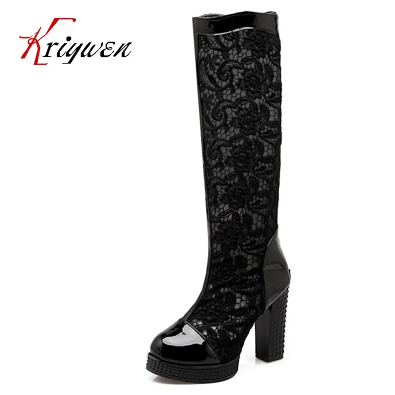 

PLUS SIZE 33-43 SUMMER FEMMES BOOTS Sexy Lady Women Knee High Boots GAUZE Thick High Heels Lady Zipper Lace Bridal Wedding Shoes