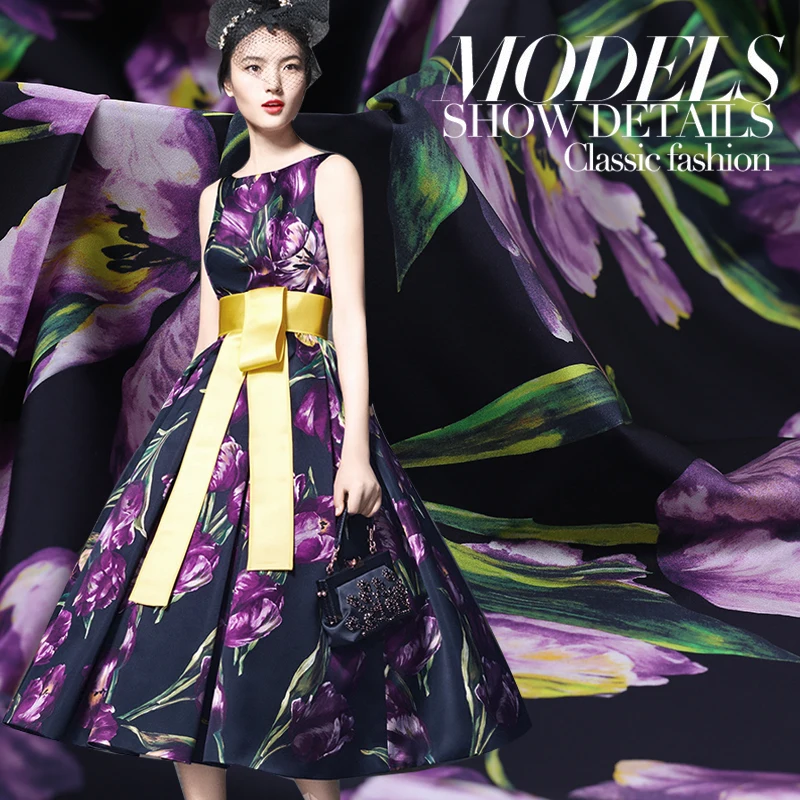 

Catwalk silk stretch satin fabric 19mm heavy purple tulip digital print silk cloth dress clothes fabric free shipping xy