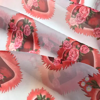 

145cm Width The Red Sacred Heart Rose Flowers Polyester Organza Crisp Transparent Fabric for Woman Ball Gown Dresses DIY