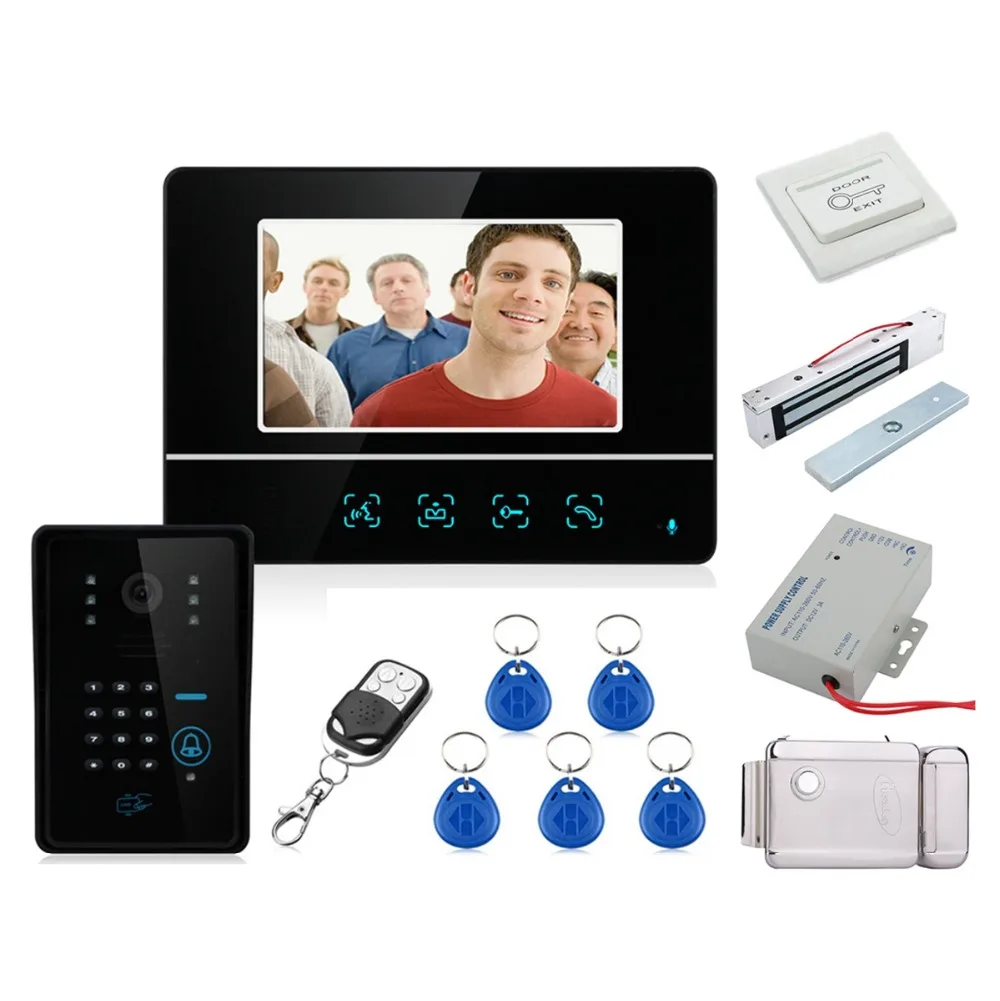 

Home Security Wired Touch Key 7" Video Door Phone Intercom System 1 RFID Keypad Code Number Doorbell Camera 1 Monitor +Locks