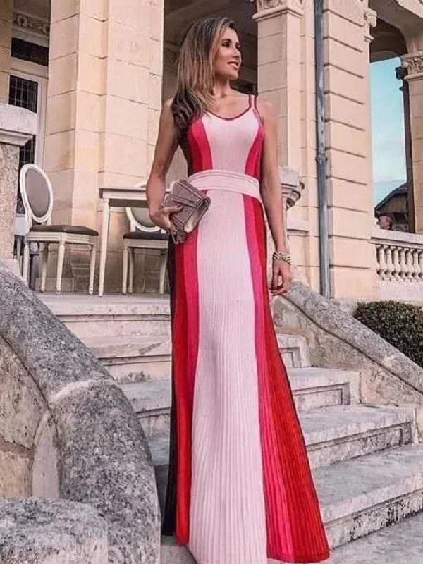 

Asia Pacific Women's Fashion Dress Up 2018 Autumn and Winter New Rainbow Color Long Bandage Dress Sling Flare Dress High Quality