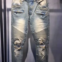 Высокое качество,, Новое поступление, известный бренд, мужские дизайнерские, корейская мода, тонкие, обтягивающие, джинсовые, панк, плиссированные джинсы для байкеров