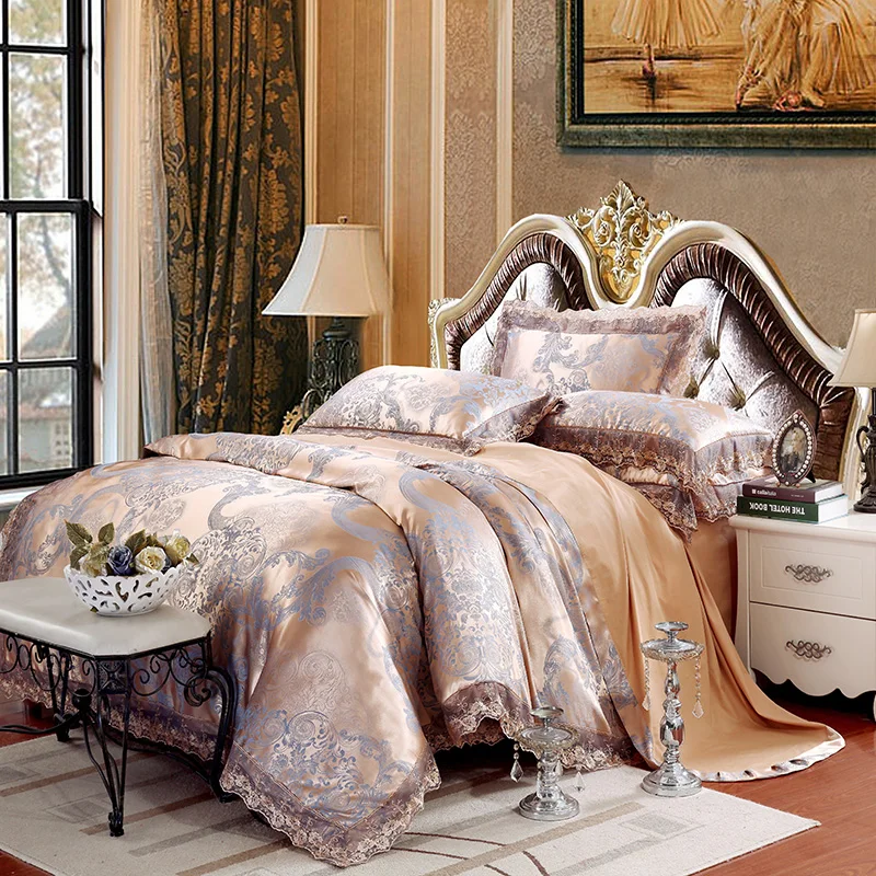 

Luxury European Style Lace Bedding Set Queen King Size 4/6 Pcs Silk Cotton Blend Duvet Cover Sheet Pillow Cases Cushion Covers