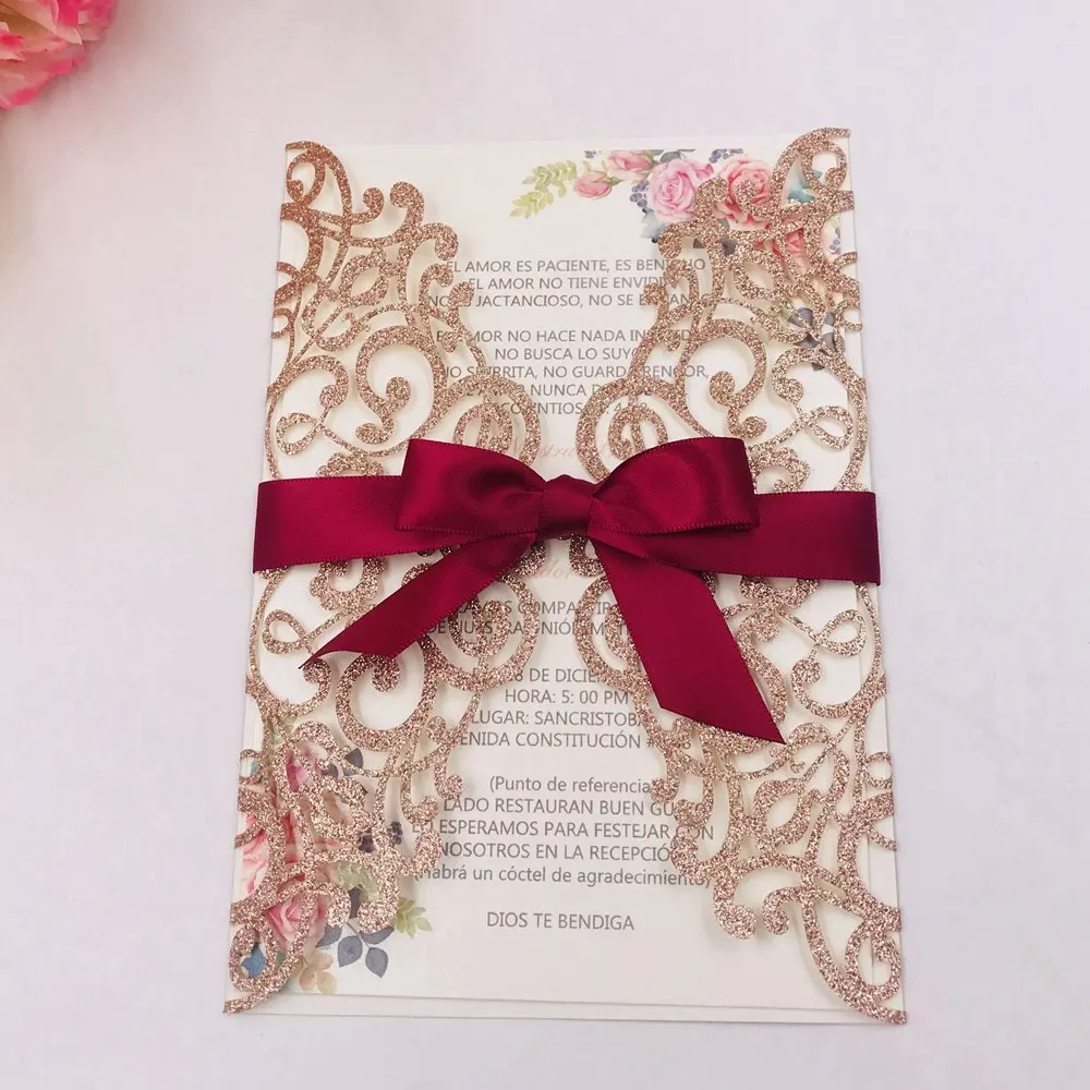 1X oro rosa plata champán brillo marfil azul marino negro blanco flor hueca  tarjetas de invitación de boda cortadas con láser con cinta - AliExpress, image size:1000x1000