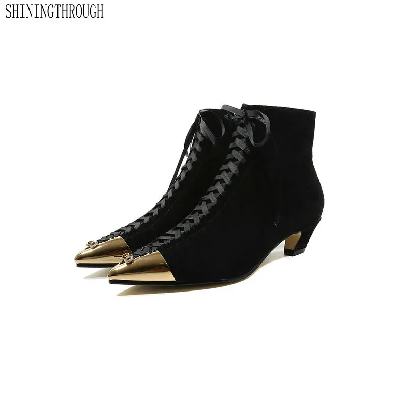 

Fashion Women Ankle Boots Metal Decoration Suede Leather High Heels Shoes Woman Pointed Toe Cross-tied Casual Boots