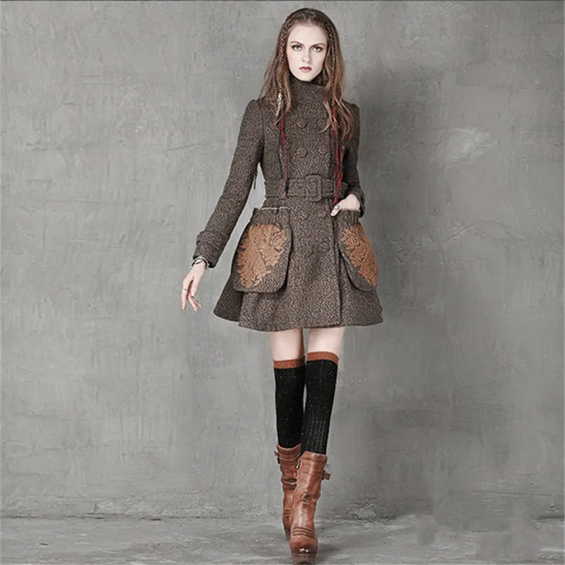 

Vintage Warm Women Coat 2018 Winter Wool Blends Coats Double Breasted Floral Embroidery Belted Casacos Outwear Casaco Feminino
