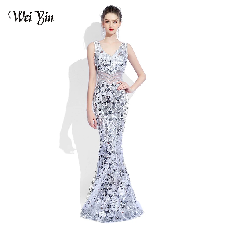 

weiyin 2019 Luxury V Neck Mermaid Tulle Evening Dresses Crystal Sequin Zipper Long Evening Gowns Party Prom Dresses WEIYIN483