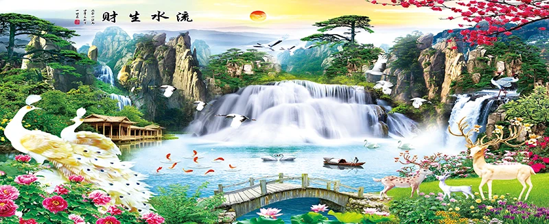 FJ0724山水画之流水生财玉孔雀60000 效果图