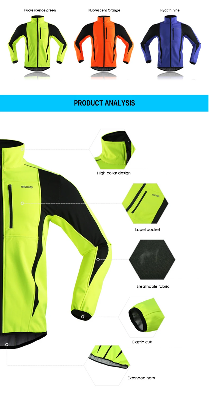 ARSUXEO Winter Warm Up Thermal Fleece Cycling Jacket Bicycle MTB Road Bike Clothing Windproof Waterproof Long Jersey Jersey