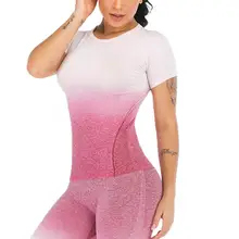 Новая мода Женская Омбре спортивная йога фитнес тренировка o-образным вырезом короткий рукав топы Лето Горячая градиент цвет тонкий пуловер рубашка