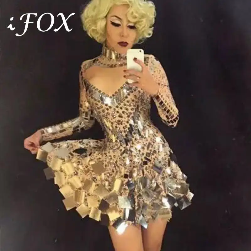 

Sexy Shining Silver Rhinestone Sequins Dress Women DS DJ Sexy Costume Prom Celebrate Bling Mirrors Dresses Evening Outfit