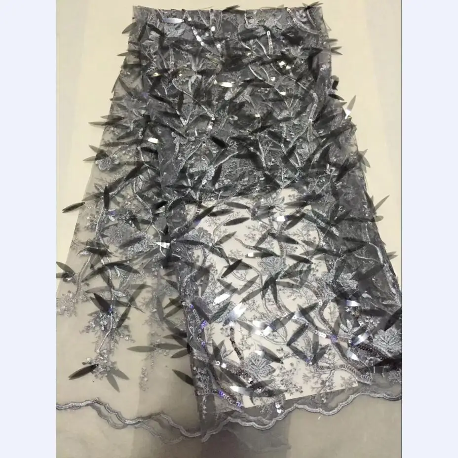 

African Style Embroidery French Tulle Lace Fabric in Grey Silver Color Net Lace with Sequins for Lady Dressing 30