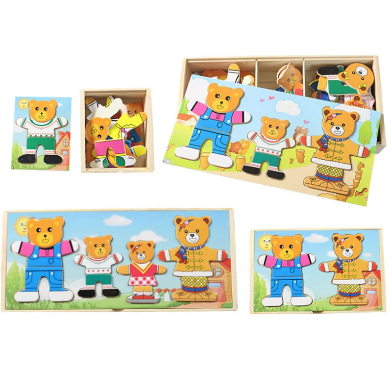 New Four Types Cartoon Bear Changing Clothes Wooden Puzzles Toys