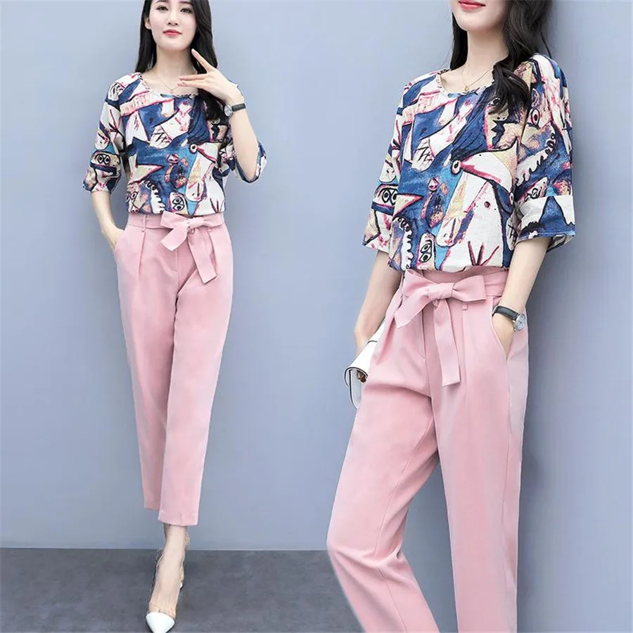 

2019 New Spring Women OL Suits Female Floral Print Blouse + solid Pants Sets with Sashes Ladies Slim Plus Size 3XL