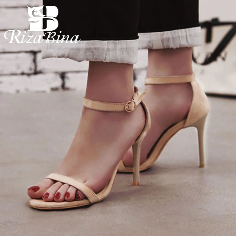 

RizaBina Solid Color Thin Heels Sandals Women Ankle Buckle Sexy High Heels Shoes Simple Ladies Party Club Footwear Size 32-46