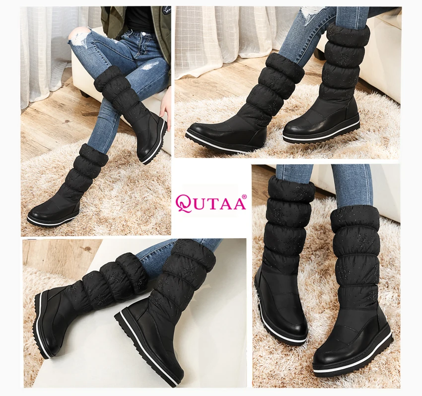 QUTAA/ г. Женские ботинки до середины икры зимняя обувь на танкетке и среднем каблуке с круглым носком женские зимние сапоги со снежинками и эластичной лентой размеры 34-43