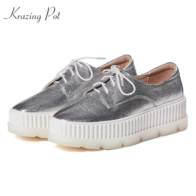 

Krazing Pot special sheep leather lace up non-slip platform round toe European lazy style loafers casual vulcanized shoes L94