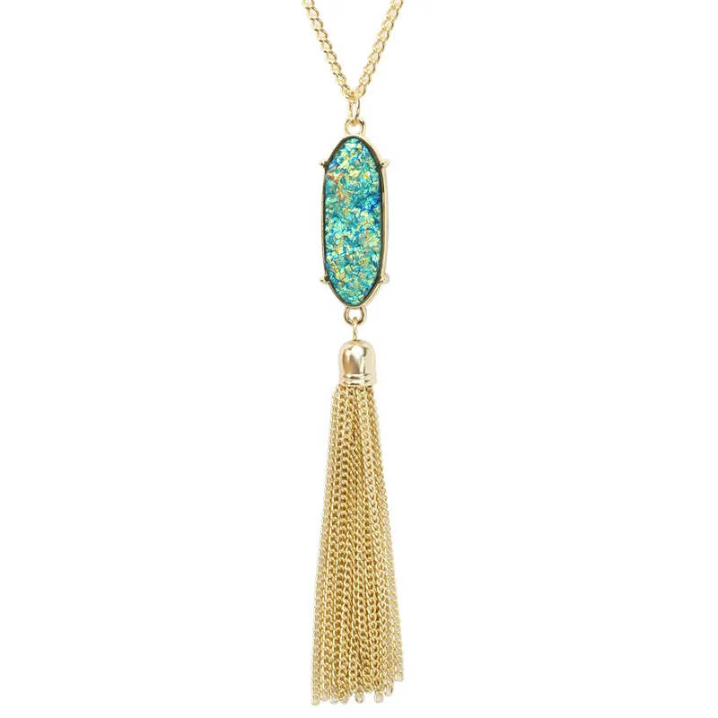 Fashion Women Long Chain Faux Druzy Pendant Tassel (2)