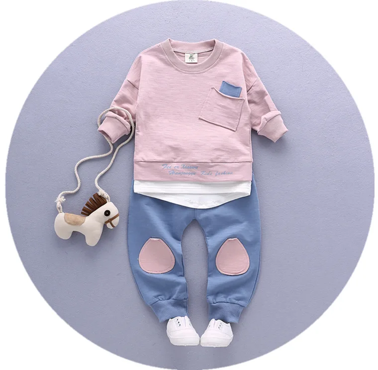 Распродажа Infantis детская Демисезонный хлопковые топы для мальчиков, футболки для мальчиков, футболка с длинным рукавом+ Штаны 2 шт./компл., детская одежда 1-3year - Цвет: Розовый