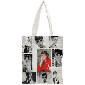 

Custom Audrey Hepburn Tote Bag Reusable Handbag Women Shoulder Pouch Foldable Canvas Shopping Bags 30x35cm Two Sides