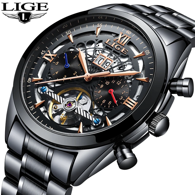 

LIGE New Mens Watches Top Brand Luxury Men's Tourbillon Mechanical Watch Men Fashion Business Waterproof Watch Relogio Masculino