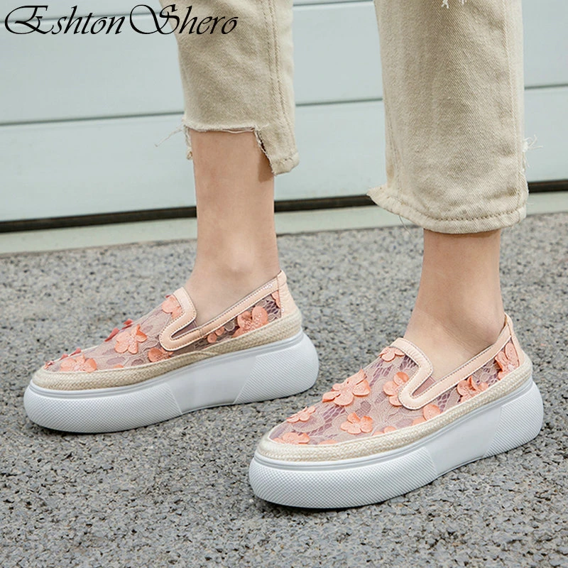 

EshtonShero Women's Shoes Platform Shoes Woman Pumps Flower Med Heels Sneakers Leather+Mesh Ladies Casual Shoes Size 3-11