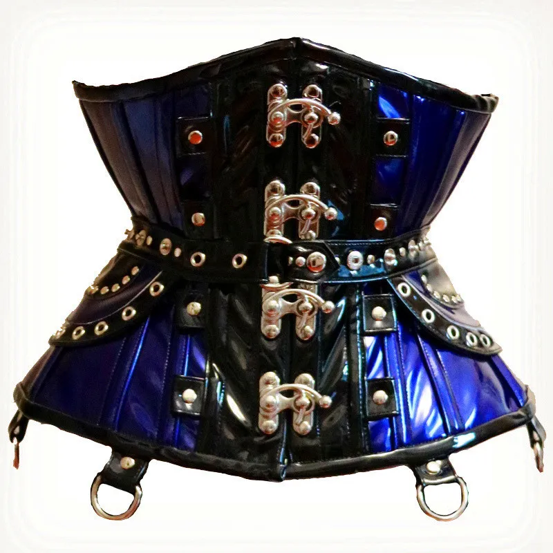 2019 Annzley Corset Steel Boned Blue Leather Underbust Corset With Horn Lock And Detachable Belt  (2)