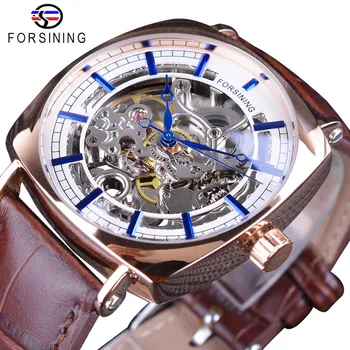 Forsining Brown Genuine Leather Fashion Classic Design Mens Watch Top Brand Luxury Blue Hands Royal Automatic Mechanical Watches