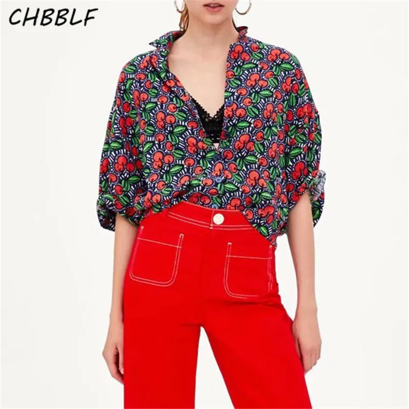

CHBBLF vintage V neck cherry print top shirt half sleeve blouses female streetwear chic tops blusas XSZ1739