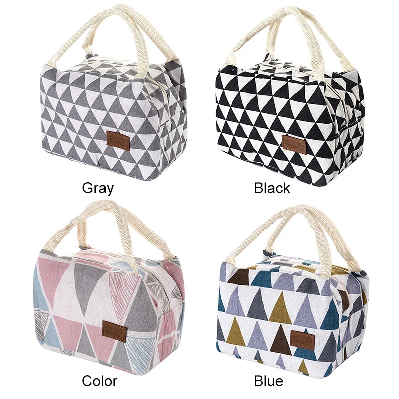 

Multifunctional Lunch Bag Insulated Canvas Box Tote Bag Insulation Portable Lunch Box Geometric Pattern Picnic Children Food Bag