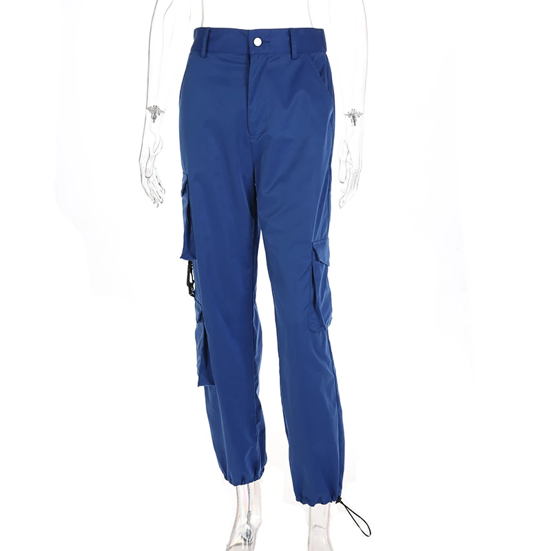 Для женщин высокая талия синий штаны-карго Модные свободные карманы брюки для девочек s Уличная лоскутное карандаш пот