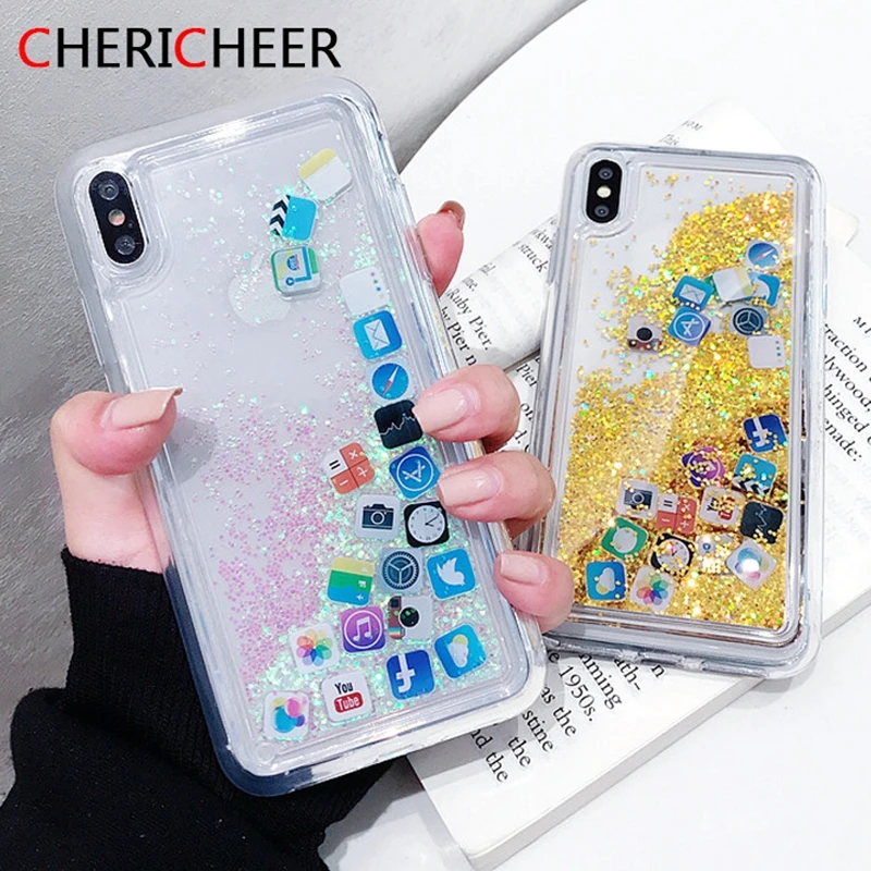 

Case For iPhone 6S 6 7 8 Plus Glitter Gold Sand Silicone Case For iPhone XR X XS Max APP icon TPU Liquid Cover For iPhone 7 Case
