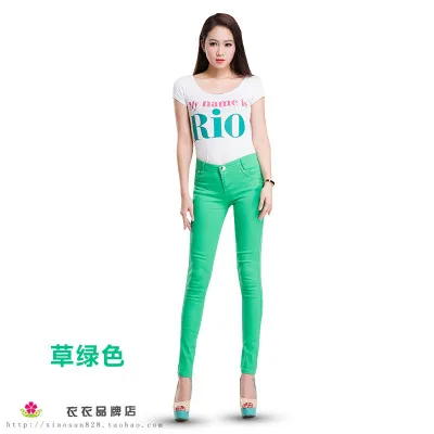 Весенние новые модные женские джинсы карандаш ярких цветов средняя талия полная длина на молнии зауженный узкие женские штаны - Цвет: Grass green