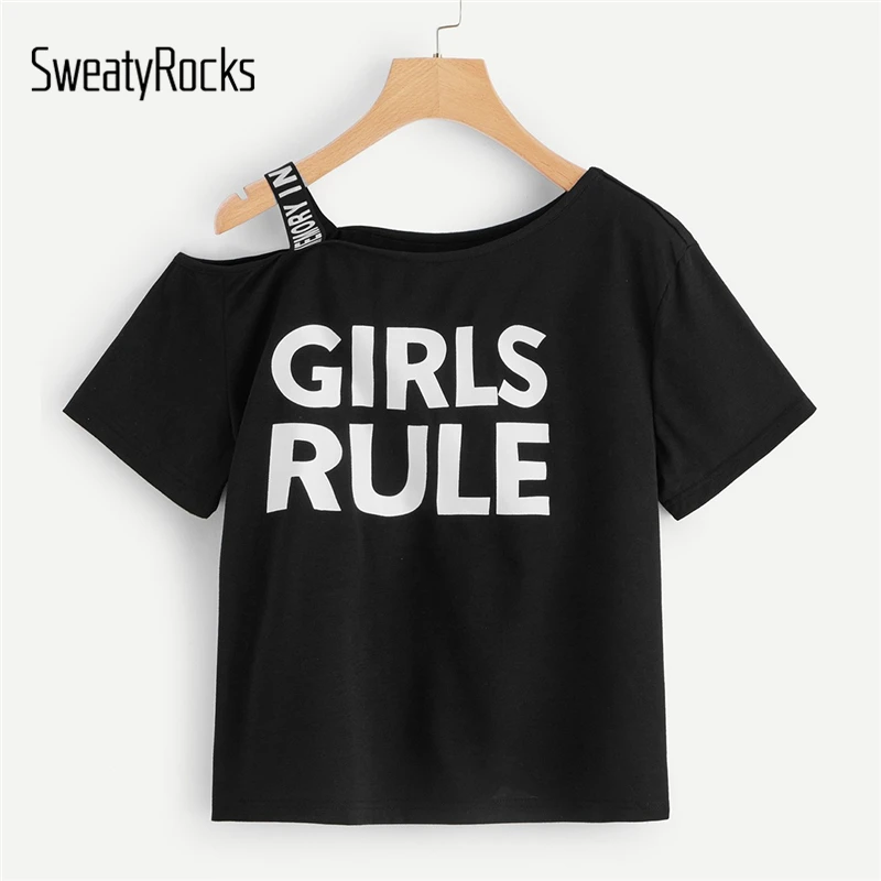 

SweatyRocks Black Letter Print Taped Tee Fashion Short Sleeve Style Tops 2019 Summer Streetwear Cold Shoulder Women T-shirt