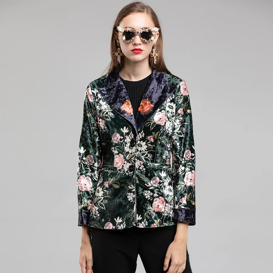 AELESEEN 2019 Winter On Sale Runway Floral Print Jacket Offce Lady Single Breasted Vintage Flower Dark Green Velvet Blazer Women AELESEEN 2019 Winter On Sale Runway Floral Print Jacket Offce Lady Single Breasted Vintage Flower Dark Green Velvet Blazer Women