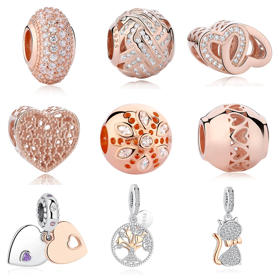 Corazón rosa corona de oro Pave CZ Zircona Plata Esterlina Encanto S925 Con Bolsa De Regalo