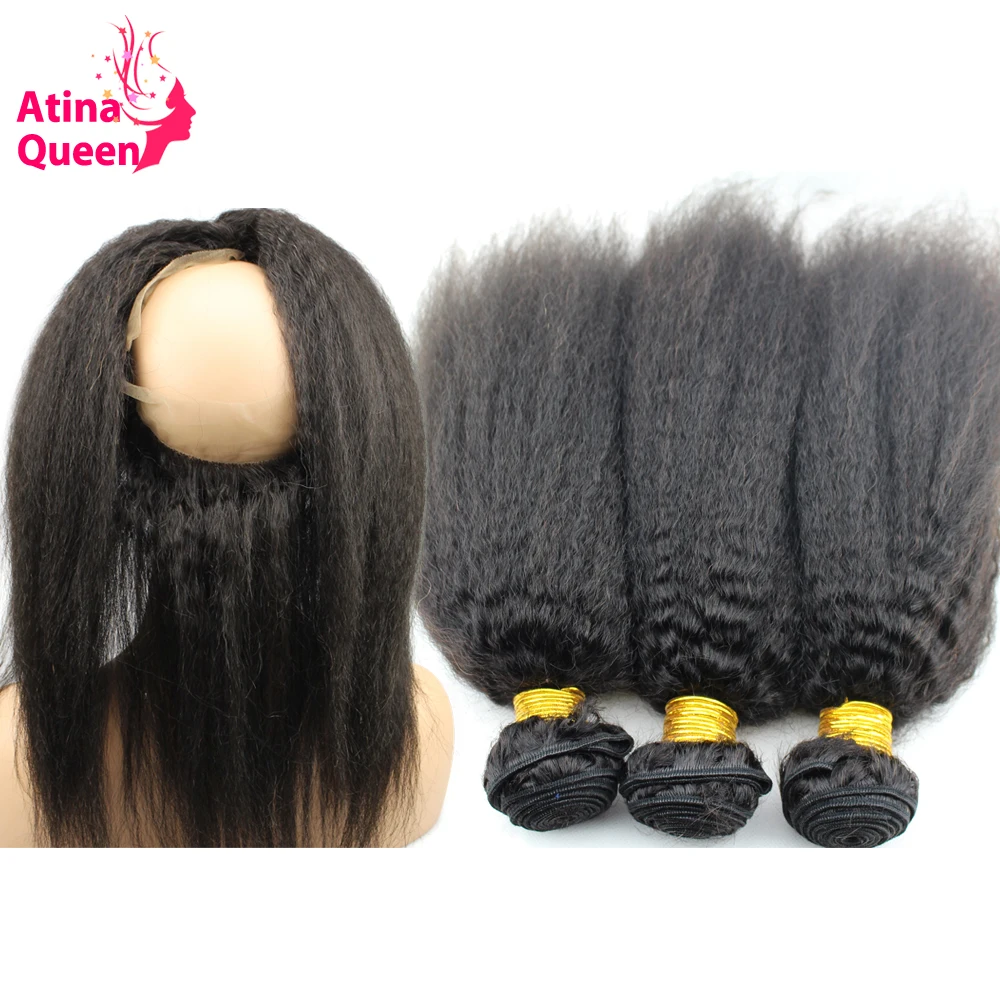 Atina Queen Pre Plucked 360 Lace Frontal with Bundle Afro Kinky Straight Remy Human Hair Weave Bundles 360 Lace Frontal Closure