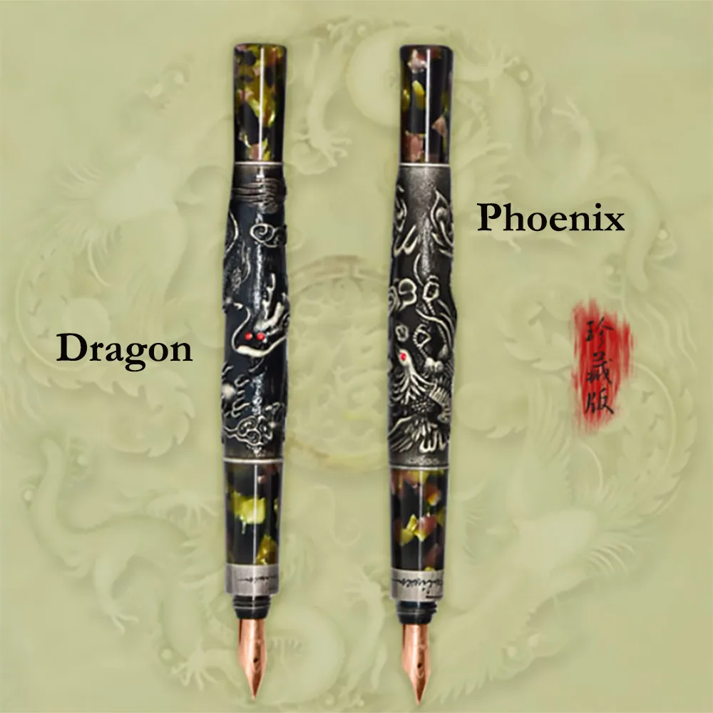 Fuliwen Vinatge 10K Fountain Pen Colored Celluloid Dragon / Phoenix Fine Point 0.5mm Gift Pen & Wooden Gift Box for Collection