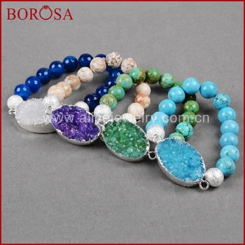

BOROSA Exclusive Silver Color Oval Rainbow Crystal Druzy Geode Bracelet with 10mm Mixed Stones Beads G0754
