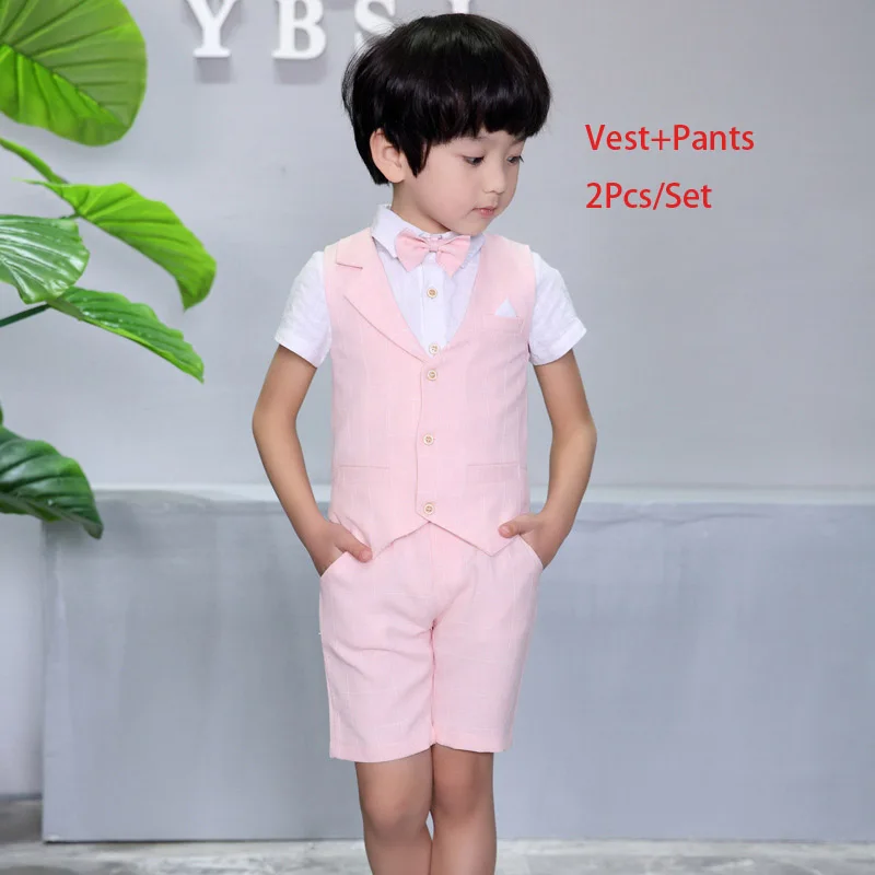 Брендовый комплект из 2 предметов: жилет+ шорты, комплекты летней одежды для мальчиков, джентльменские Детские торжественные костюмы с цветочным принтом для свадебной вечеринки для мальчиков, платье F113 - Цвет: Pink vest shorts