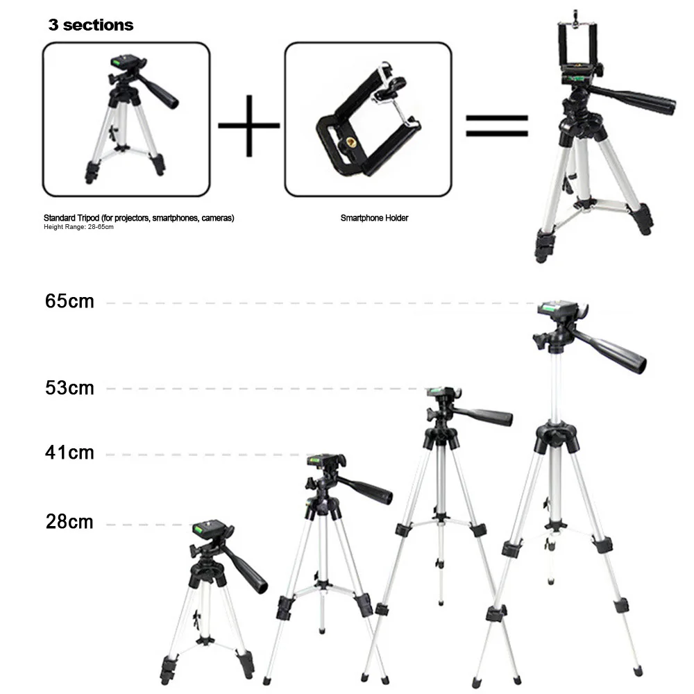 Алюминий сплав штатив JF-3110 28-65 см Портативный легкий путешествия для верховой езды 3 секций стенд w/держатель телефона 1/" резьбовое отверстие для проектора
