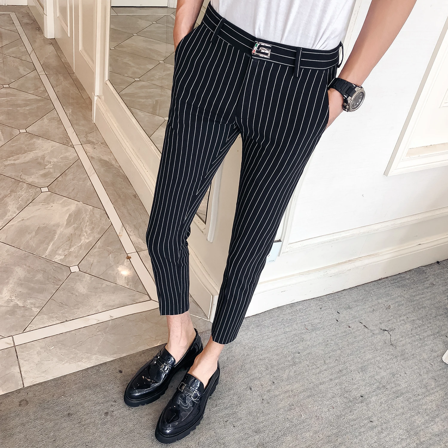 Мужские брюки в полоску формальные Erkek Pantalon облегающие серые мужские костюмы