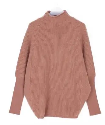 Кашемировый женский модный Толстый Пуловер, свитер типа кокона, полувысокий воротник, рукав летучая мышь, широкий, свободный, один и более размер - Цвет: red brown