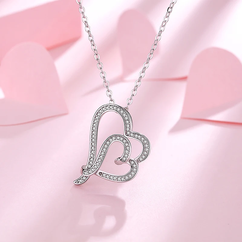 

Angel Caller 925 Sterling Silver Luxury Zircon Pendant Necklace Heart to Heart Fine Jewelry for Women Girls Romantic Gift CYD247