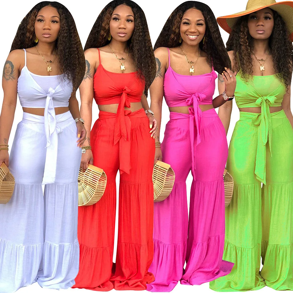 

2019 new women summer spaghetti strap tie top wide leg pants suit two piece set beach tracksuit outfit 4 colors set CM571
