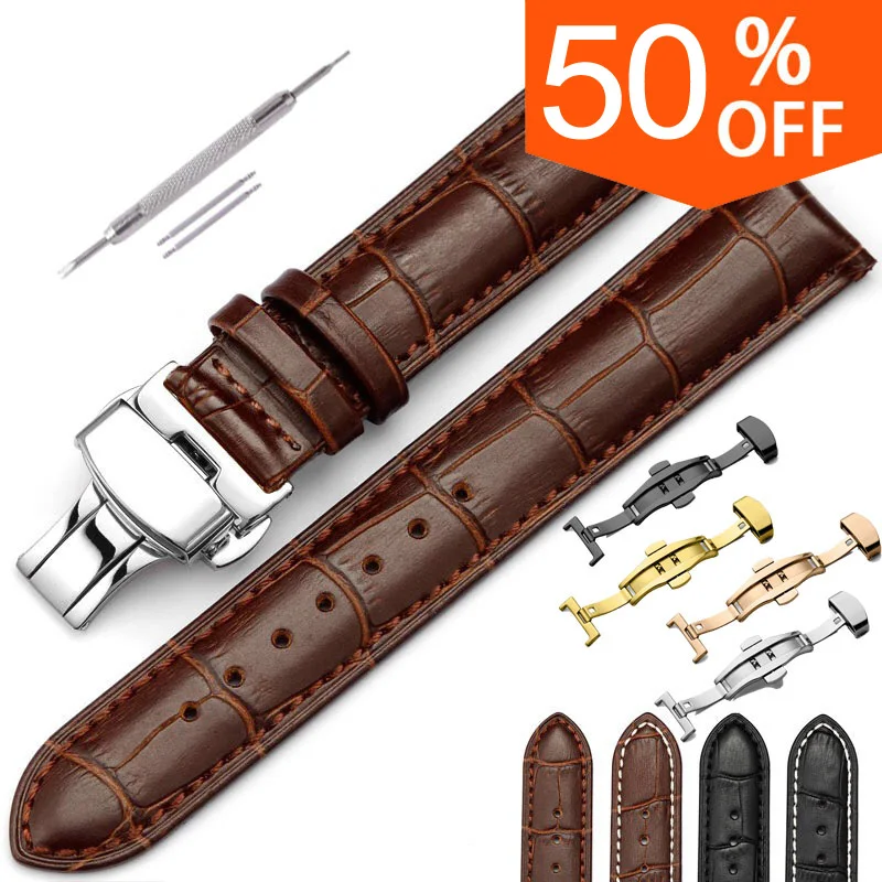 

Genuine Leather Watchband with Butterfly Clasp Band Croco Grain Bracelet for Pulseira Watch Strap Replacement Wristbands 12-24mm