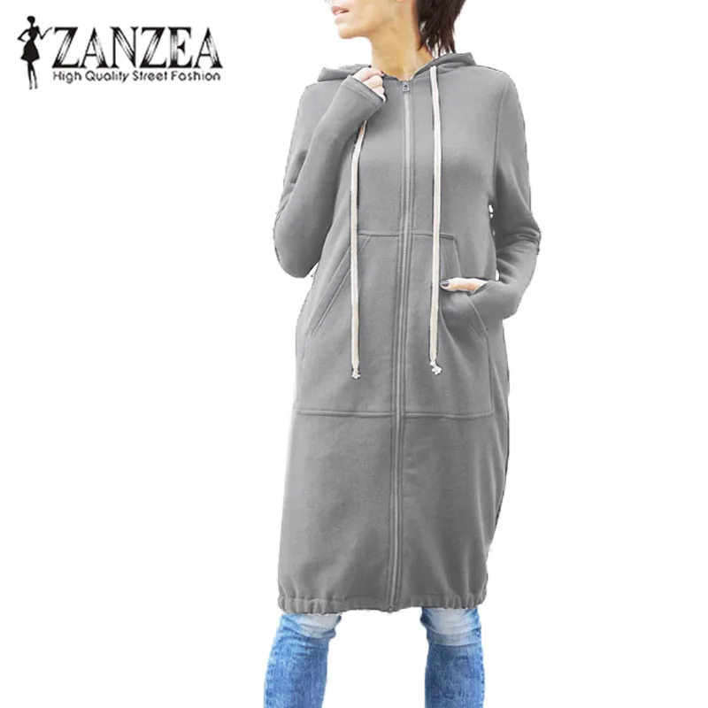 ZANZEA плюс размер 5XL осень зима женские толстовки на молнии с капюшоном длинный свитер платье с длинным рукавом мешковатое пальто куртка верхняя одежда