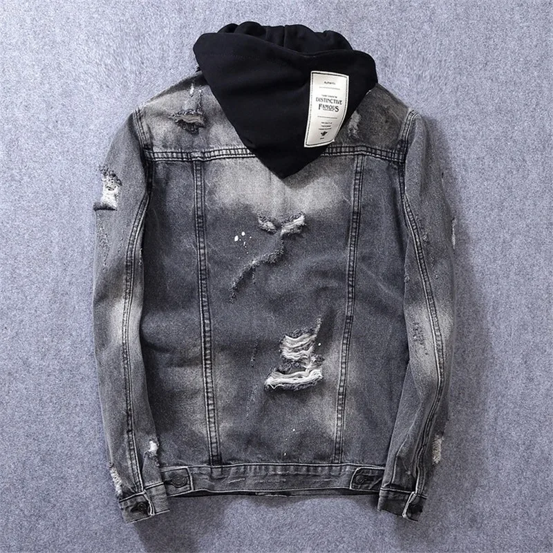 MORUANCLE Fashion Men's Ripped Denim Jackets Streetwear Distressed Jeans Trucker Jacket Destroyed Outerwear With Detachable Hood